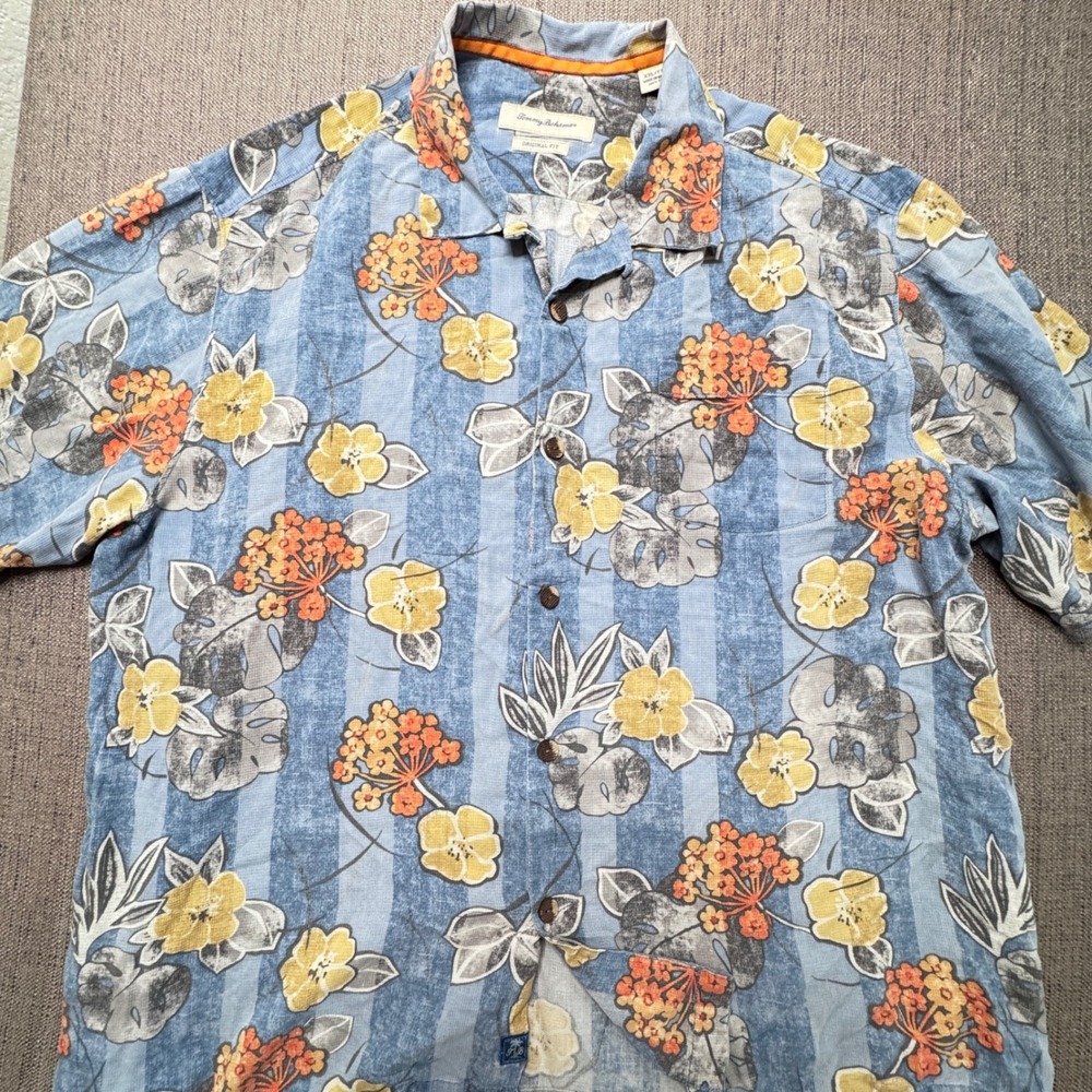 Tommy Bahama Mens XXL Blue Striped Floral Silk Camp Shirt Original Fit Short Slv